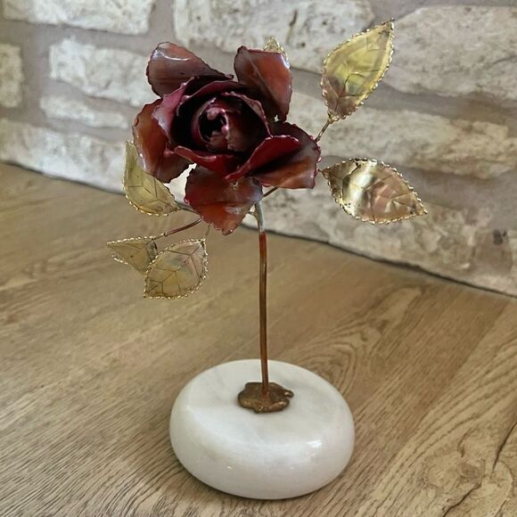 Vintage Single Rose Stem Painted Brass Copper Brutalist Metal Art Marble Base - Picture 3 of 16